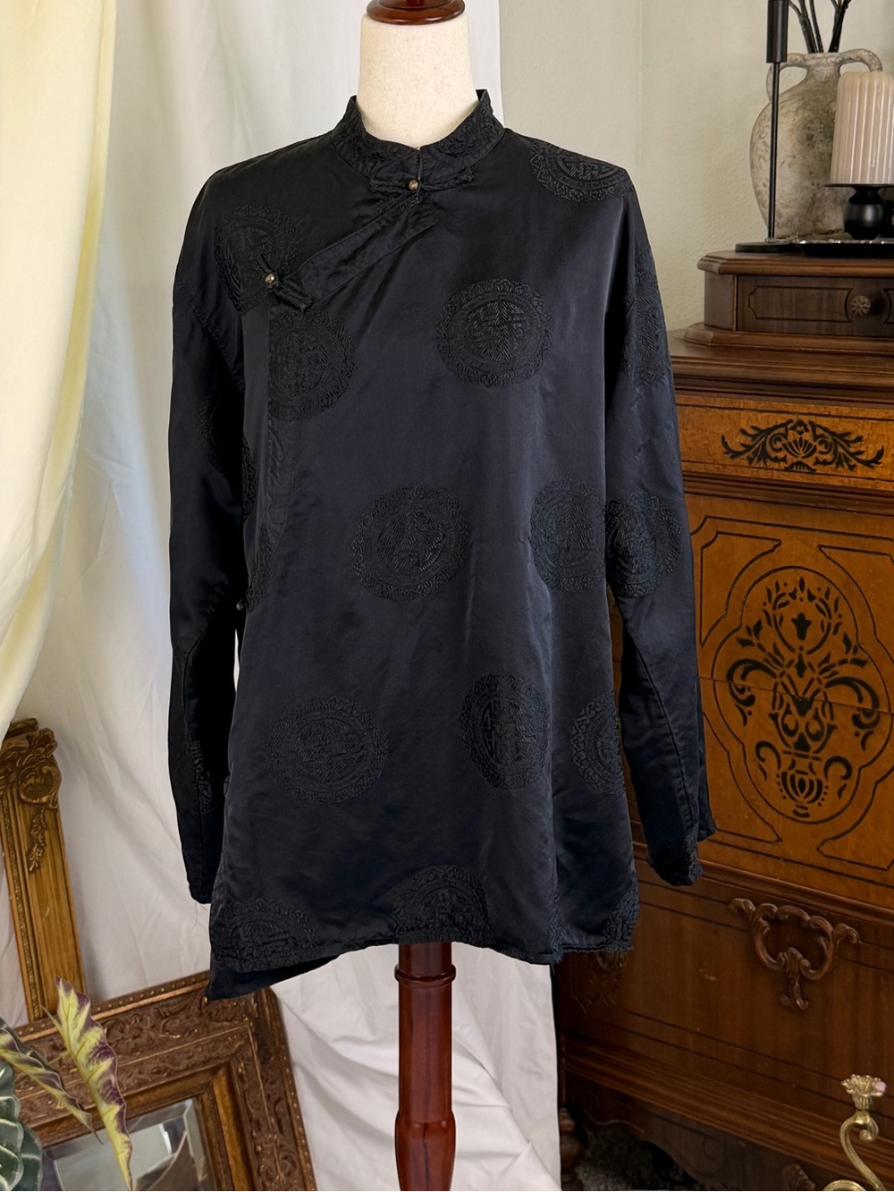 Vintage Black Brocade Silk Mandarin Button Down Shirt Tibet Traditional Monk